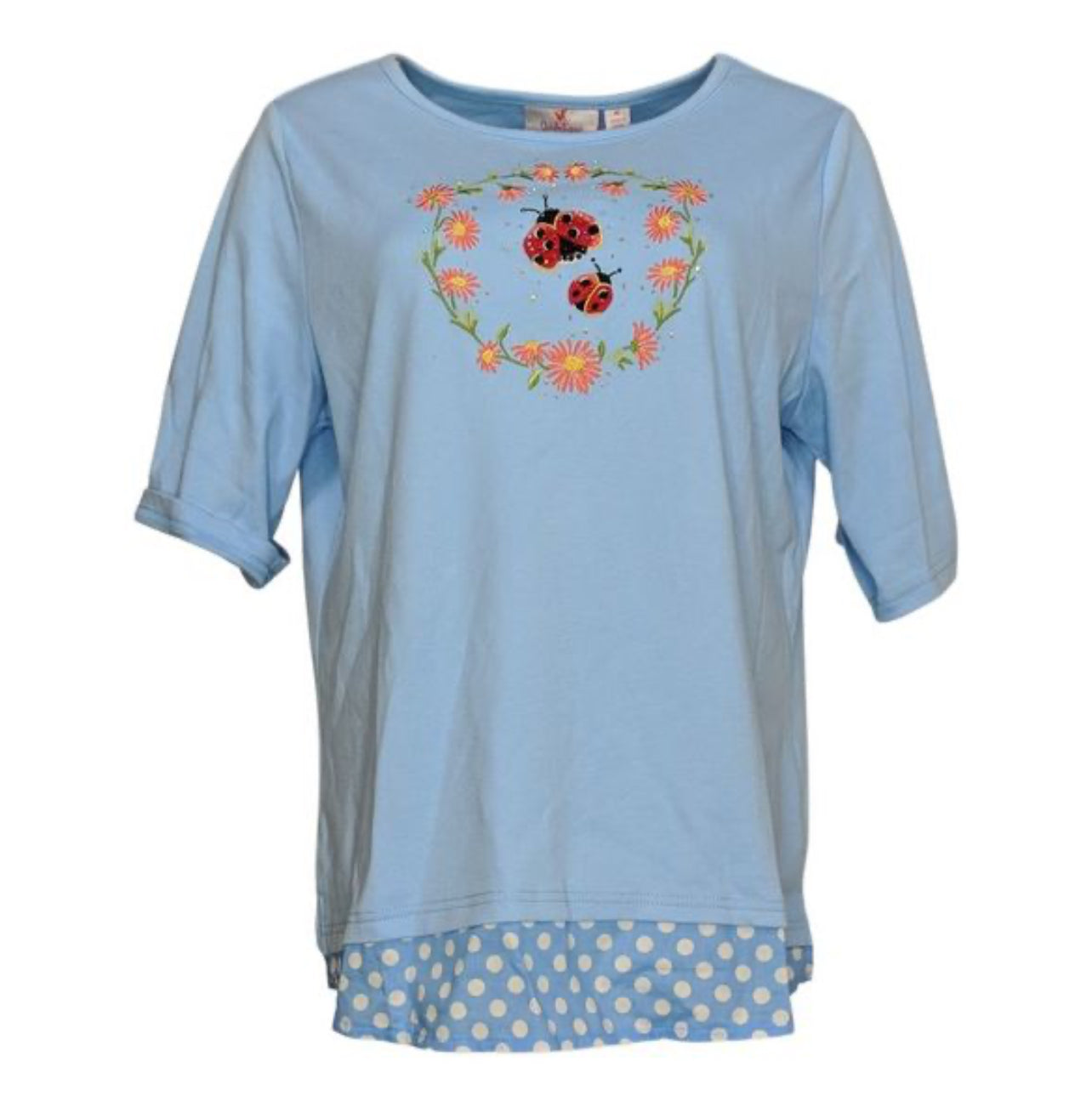 Quacker Factory Springtime Embellished Top with Polka Dot Hem