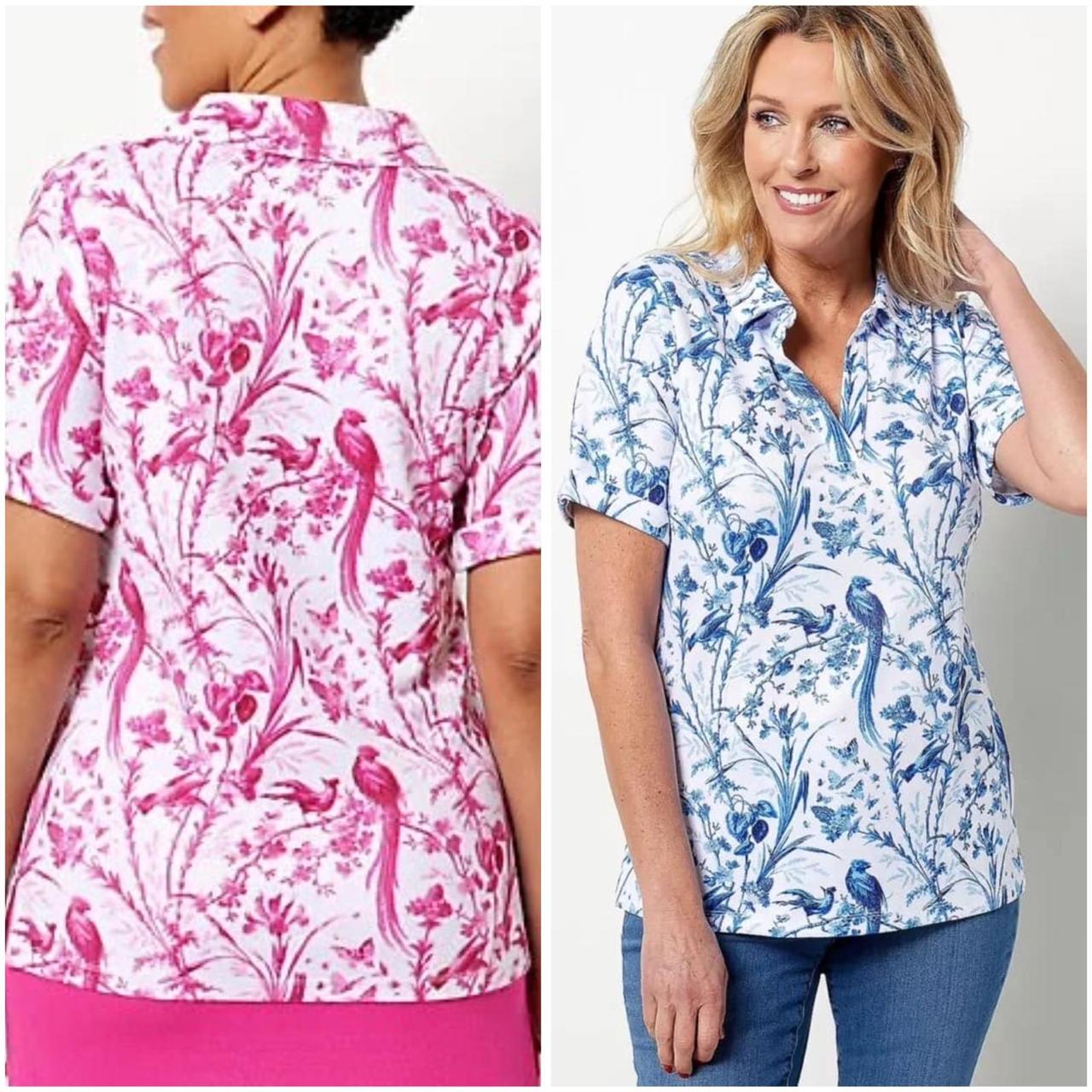 Isaac Mizrahi Live! Printed Pebble Knit Collar Shirt w/Cuff Sleeve Blue / pink