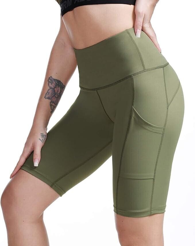 TYUIO High Waist Long Compression Exercise Shorts Yoga Gym Out Pocket Army( XL )