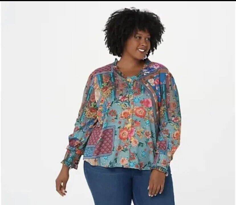 Tolani Collection Button-Front Top w/Ruffle Detail-Floral Patchwork-S-A389947