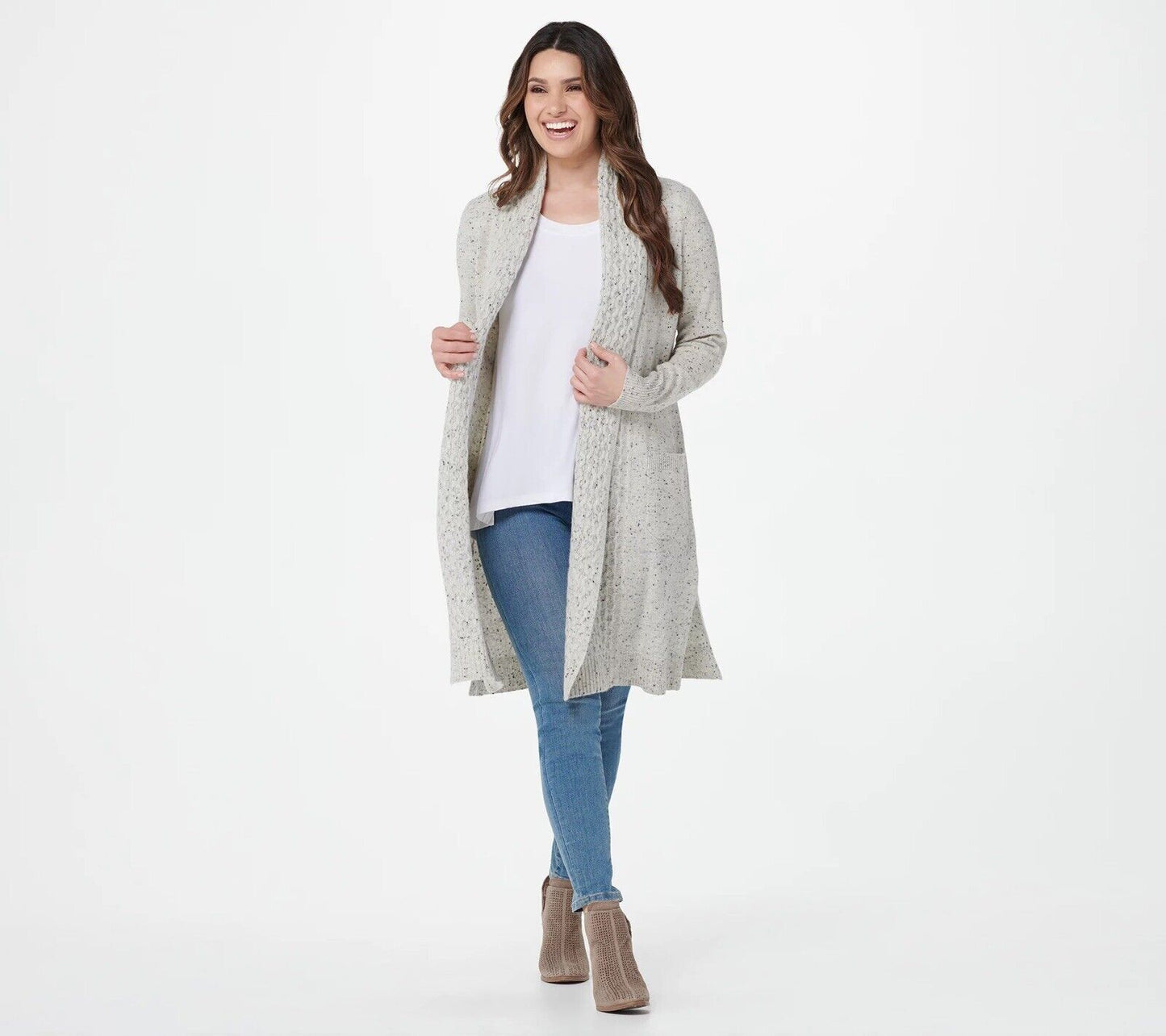 Isaac Mizrahi 2-Ply Cashmere Cardigan Cable Cream Donegal XS NEW A382544