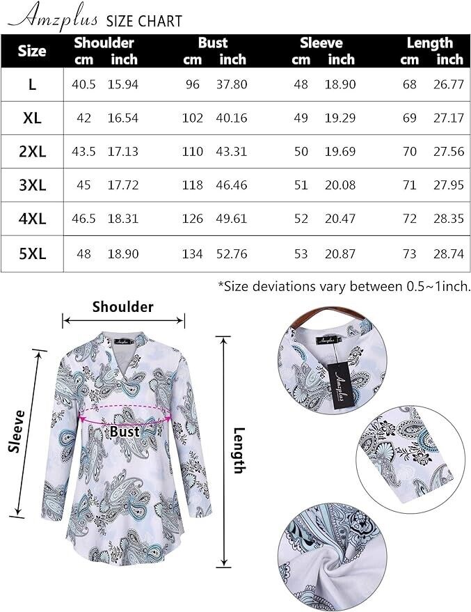 AMZ PLUS Women's Plus Size Shirt V-Neck Casual Tops(Two Size Smaller than US-XL)