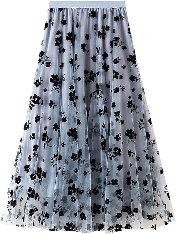 Nyaon Womens Tutu Tulle Skirts Elastic High Waist Floral, (Blue,one size)
