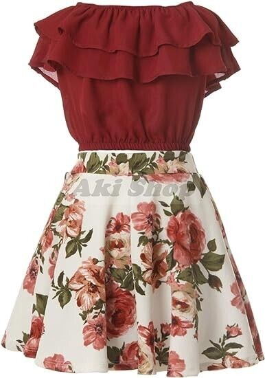Cold Shoulder Crop Top Flower Skirt Sets for Little Girl (Burgundy White-6 )