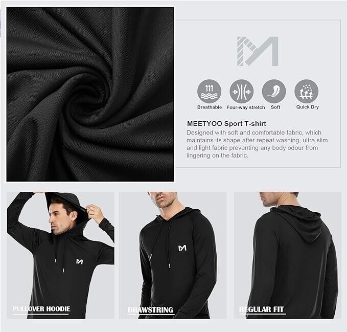 Men's Long Sleeve Athletic Hooded Shirts Workout Running Hoodie Shirts (Black-L)