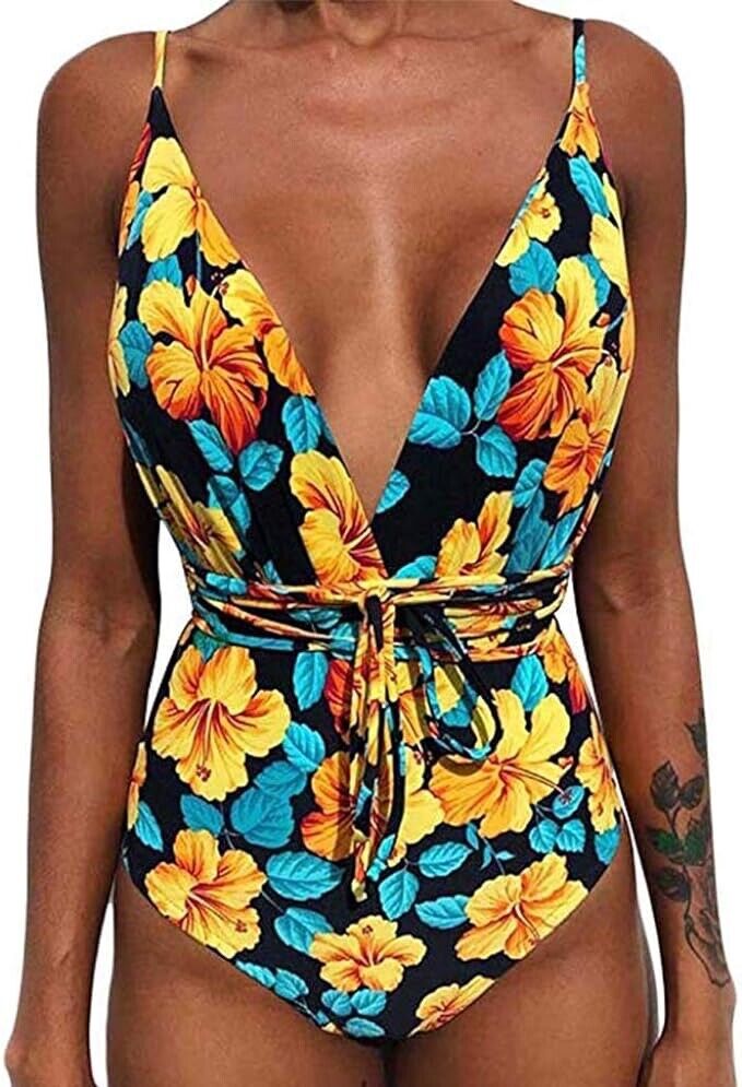 Lohastour Women V Neck One Piece Swimsuit Floral Print Backless (Yellow,S)