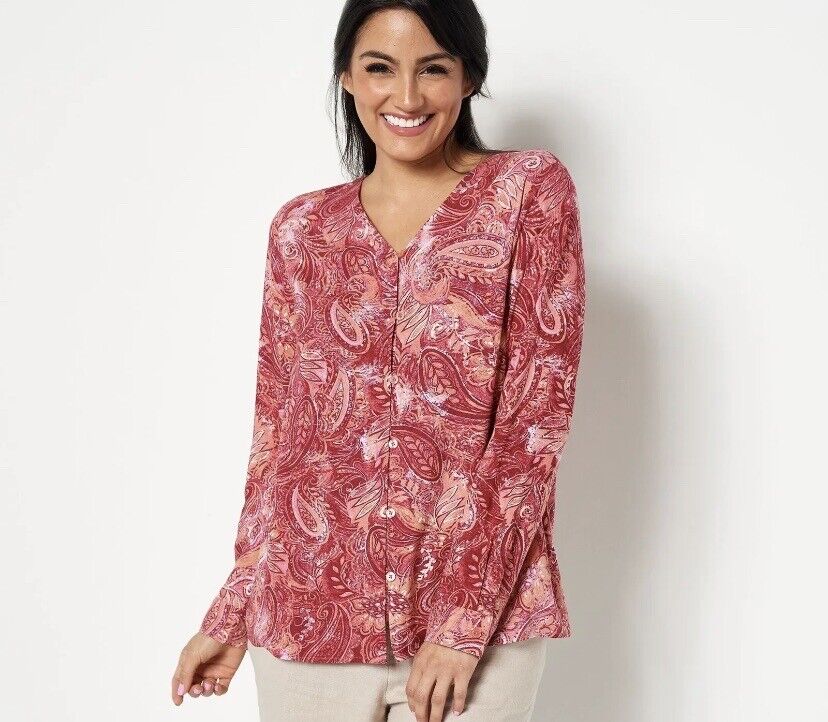 Denim & Co. Women's Top Sz S Paisley Print V-Neck Button Front Red A520332