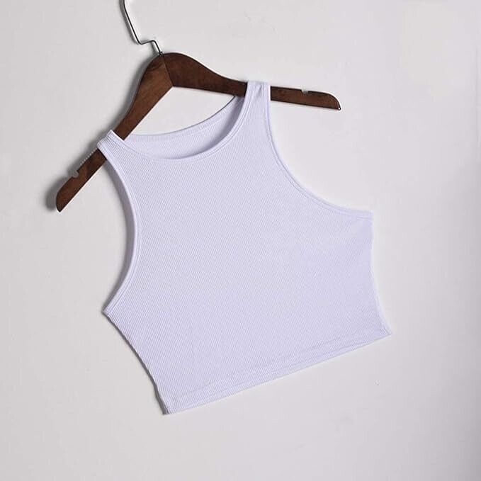 Workout Crop Tank Tops for Women, White Basic Cutoff Top for Girls (White-L)