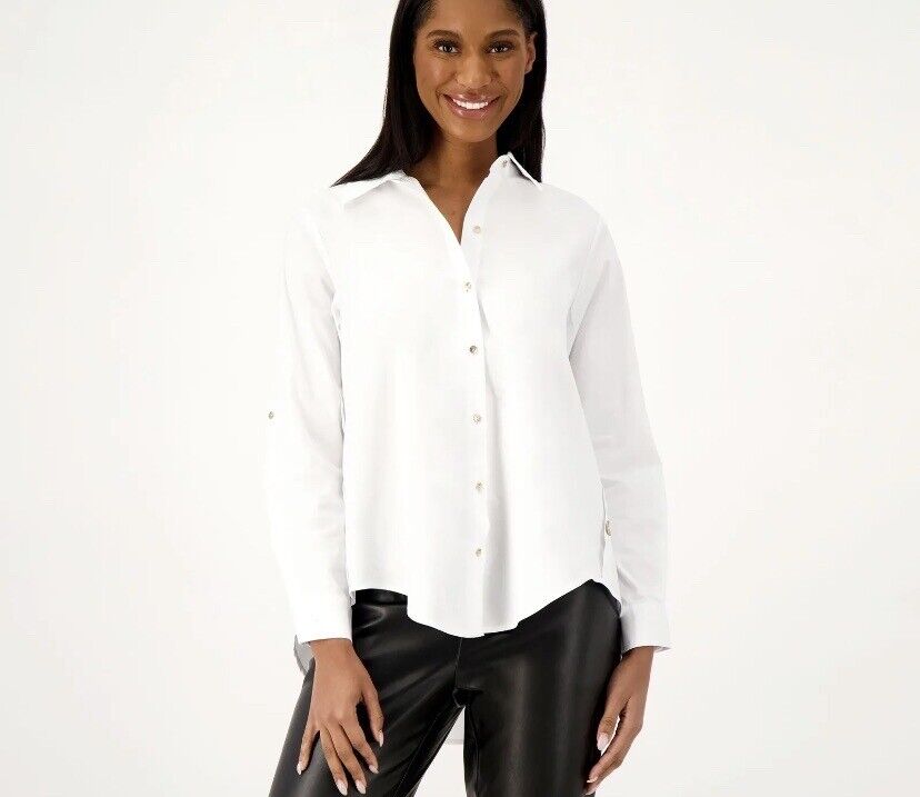 Attitudes by Renee Curved Hem Button Down Shirt XS White A566558 New