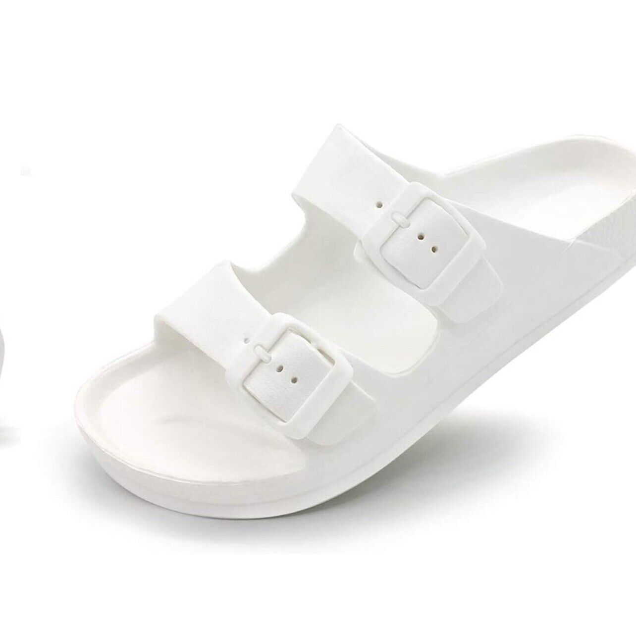 FUNKYMONKEY Women's Comfort Slides Double Buckle, White/Sandals/Women, Size 9