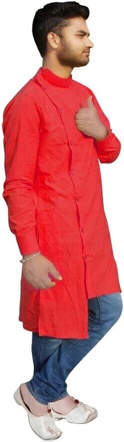 Lakkar Haveli Red Color Men's Shirt Kurta Cotton Tunic Wedding Wear Ethnic (XL)
