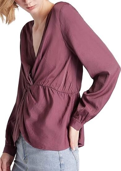 Our Heritage - Women's Long Sleeve Plunging V-Neck Top Blouse,Twist-Front Wine