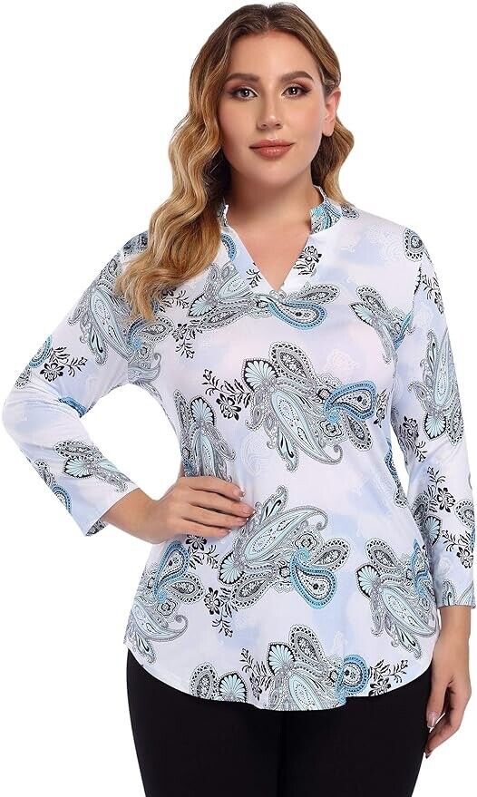 AMZ PLUS Women's Plus Size Shirt V-Neck Casual Tops(Two Size Smaller than US-XL)