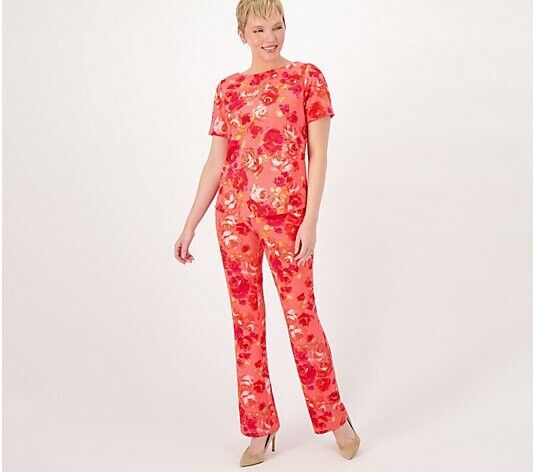 Isaac Mizrahi Live! Tall Printed Pebble Knit Baby Bell Pant(Strawberry Pink, LT)