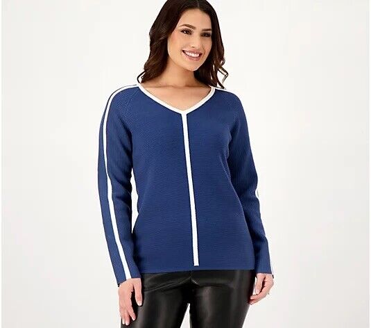 Attitudes Renee V-Neck Ribbed Sweater Contrast Piping Navy 1X NEW A573589