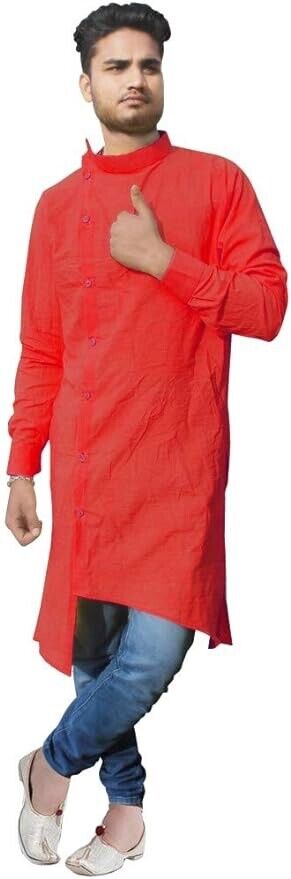 Lakkar Haveli Red Color Men's Shirt Kurta Cotton Tunic Wedding Wear Ethnic (XL)