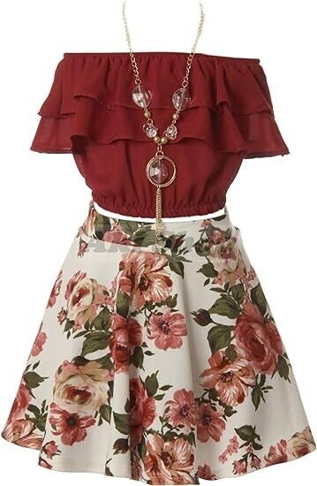 Cold Shoulder Crop Top Flower Skirt Sets for Little Girl (Burgundy White-6 )