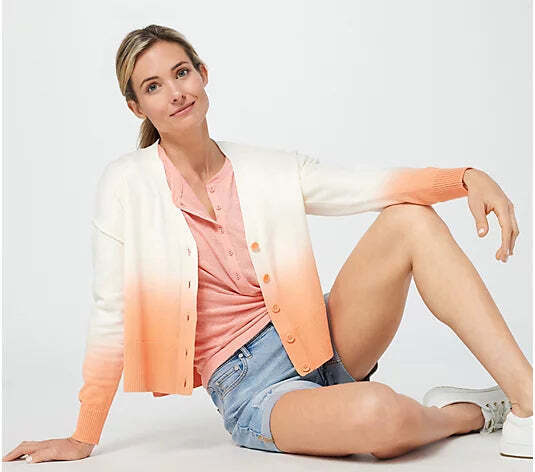 Candace Cameron Women’s Bure Dip-Dyed V-Neck Button-Front Cardigan- Horizon Peach