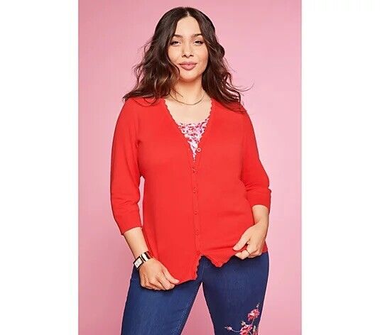 Isaac Mizrahi Live 3/4 Sleeve Sweater Cardigan w/ Scallop Trim (Red,S) A570161