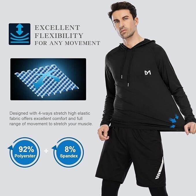 Men's Long Sleeve Athletic Hooded Shirts Workout Running Hoodie Shirts (Black-L)