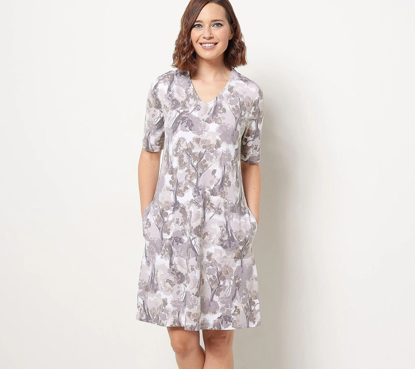 Isaac Mizrahi Live! V-Neck Swing Dress w/ Elbow Sleeves (Neutral, MT) A484513