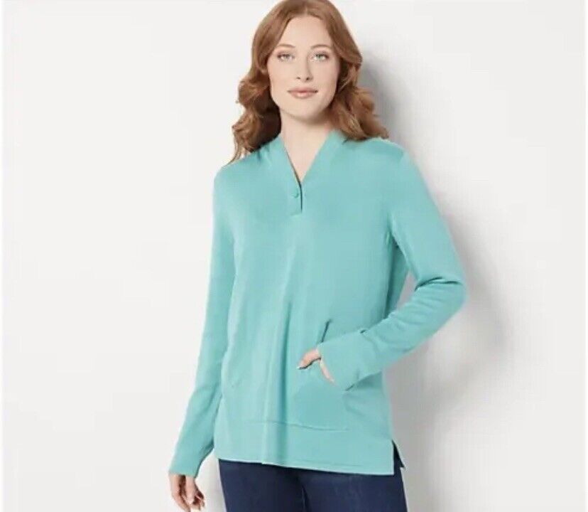 Isaac Mizrahi Live! SOHO Button Front Hoodie Sweater (Cool Aqua, 1X)