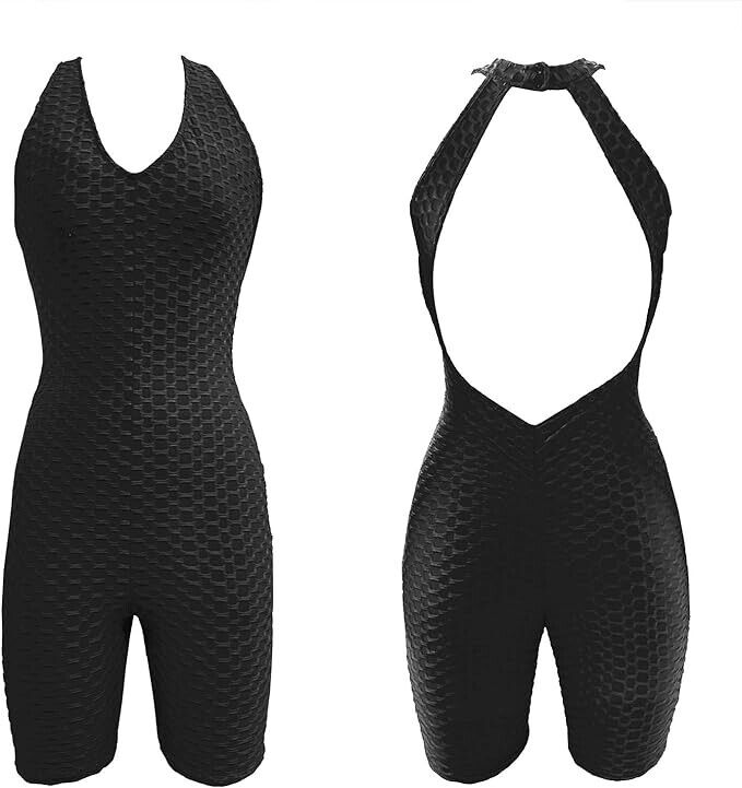 Sumtory Workout Jumpsuits for Women Bodysuit Sleeveless Backless (Black-XL)