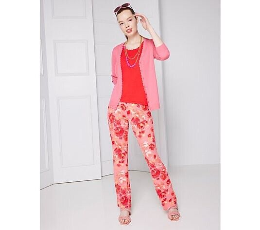 Isaac Mizrahi Live! Tall Printed Pebble Knit Baby Bell Pant(Strawberry Pink, XST