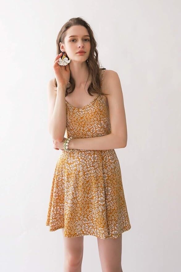 Modern&Unique Women's Summer Beach Comfortable Spaghetti Dress ( Mustard - S )