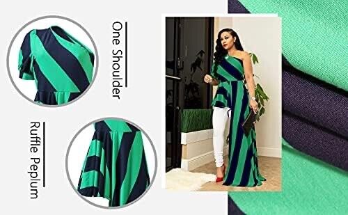 Striped One Shoulder High Low Irregular Blouse Top Ruffle Peplum Top Shirt RED,L