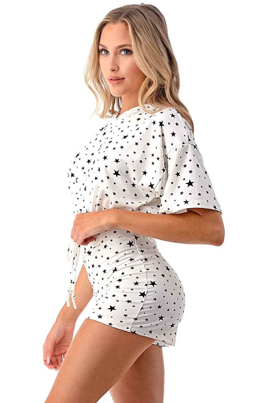 Nightie Women's Hoodie Top , Short and Mask 3pcs Set (White, M)