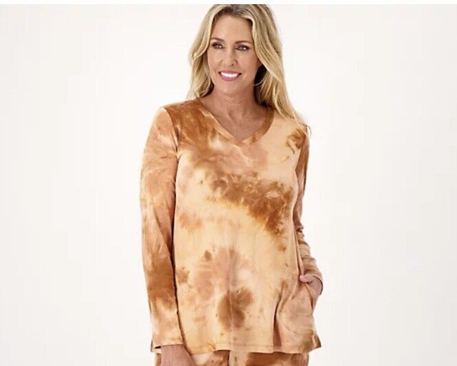 LOGO Lounge by Lori Goldstein Brushed Tie-Dye V-Neck Long Sleeve Top Adobe