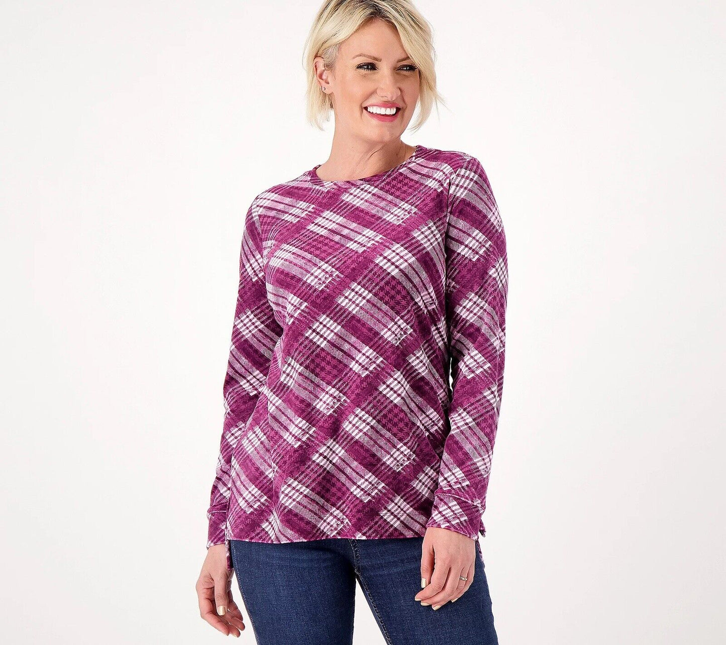 Denim & Co. Women's Top Sz LP Printed Velour Pullover with Hi-Low Purple Size XXS