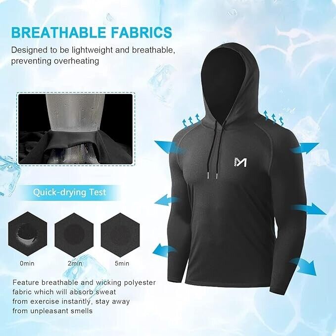 Men's Long Sleeve Athletic Hooded Shirts Workout Running Hoodie Shirts (Black-L)