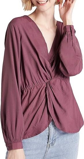 Our Heritage - Women's Long Sleeve Plunging V-Neck Top Blouse,Twist-Front Wine