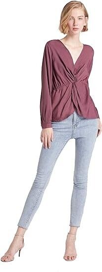 Our Heritage - Women's Long Sleeve Plunging V-Neck Top Blouse,Twist-Front Wine