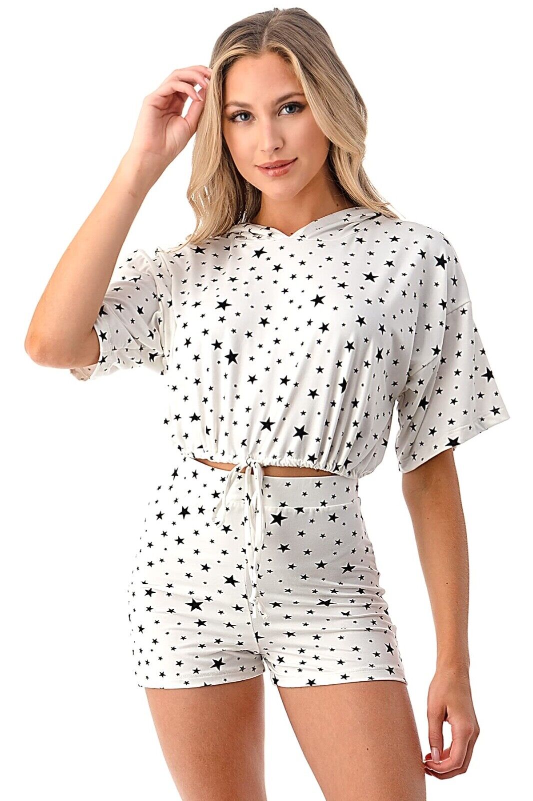 Nightie Women's Hoodie Top , Short and Mask 3pcs Set (White, M)