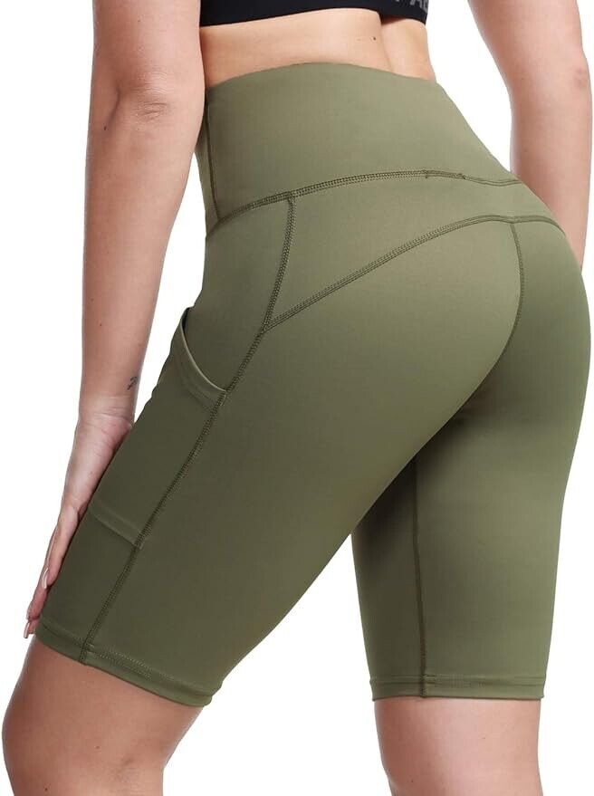 TYUIO High Waist Long Compression Exercise Shorts Yoga Gym Out Pocket Army( XL )