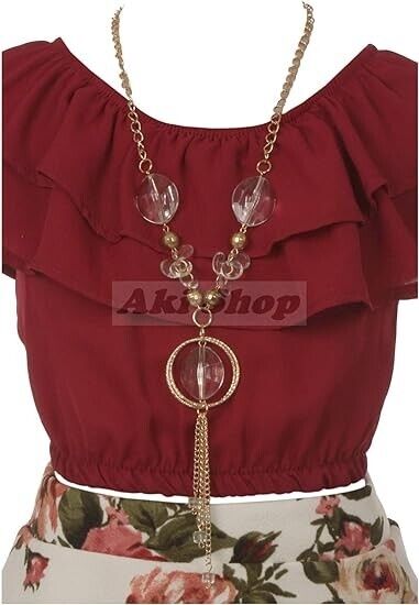 Cold Shoulder Crop Top Flower Skirt Sets for Little Girl (Burgundy White-6 )