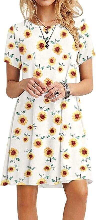 MOLERANI Women's Casual Plain Simple T-Shirt Loose Dress ( M - Little Sunflower)