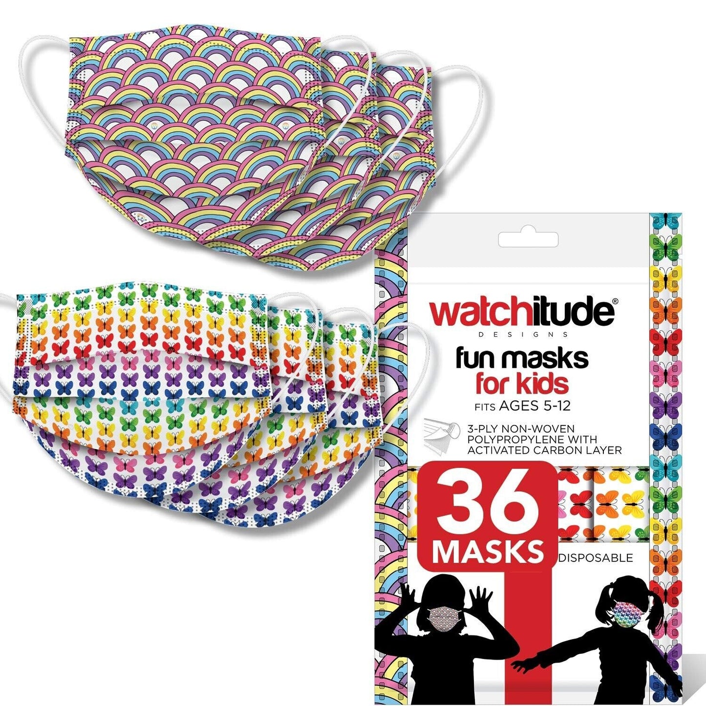 watchitude Kids Disposable Safety Masks, 36-Pack, 18X Butterfly, 18X Rainbow