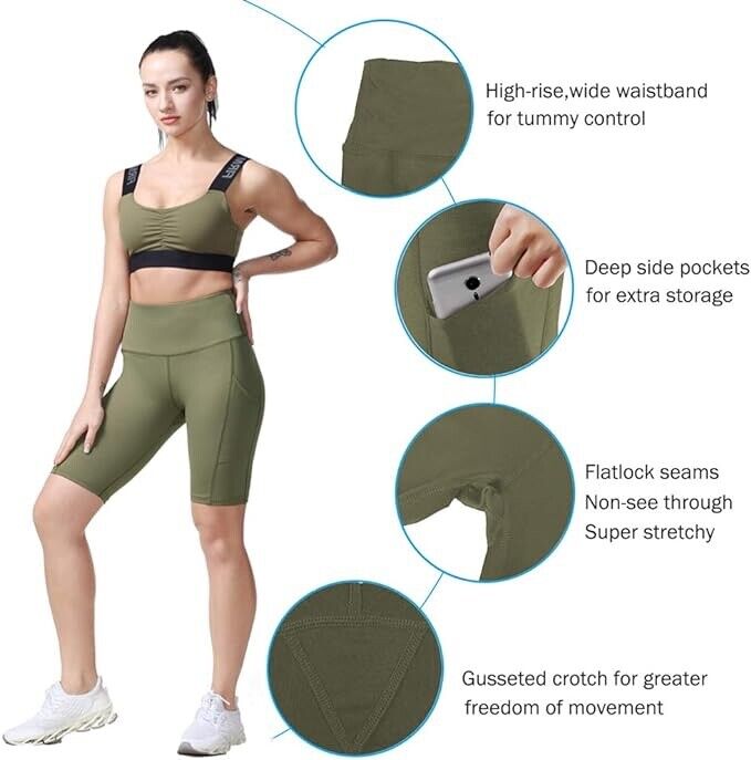 TYUIO High Waist Long Compression Exercise Shorts Yoga Gym Out Pocket Army( XL )