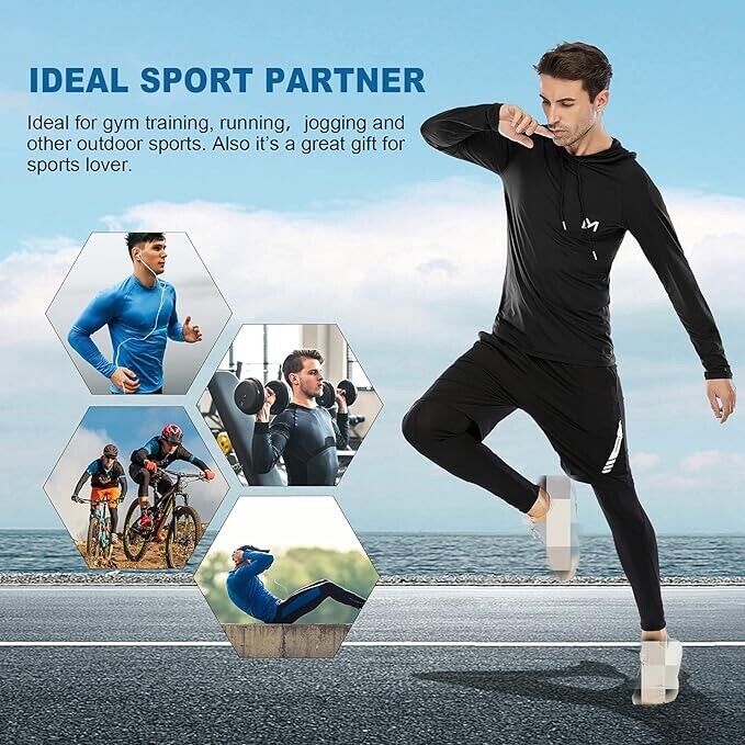 Men's Long Sleeve Athletic Hooded Shirts Workout Running Hoodie Shirts (Black-L)