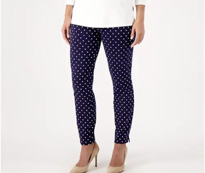 Susan Graver Weekend Printed Premium Stretch Slim Pants Navy Dot, Size XXS