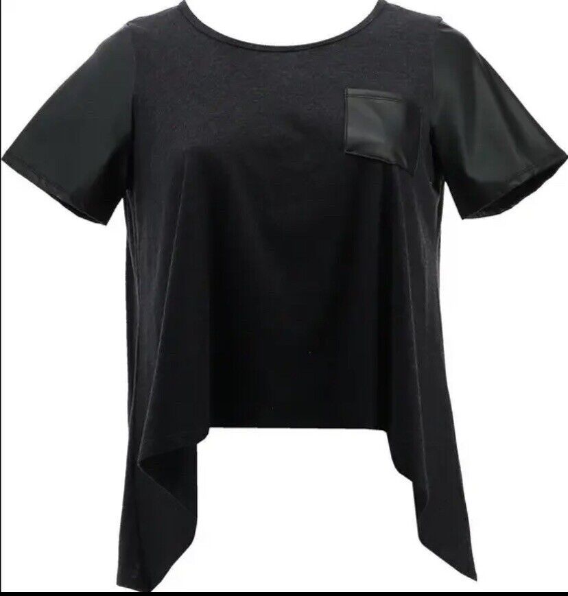 DG2 Diane Gilman Faux Leather Short-Slv Pocket Swing Tee (BLACK, 2X) 771491