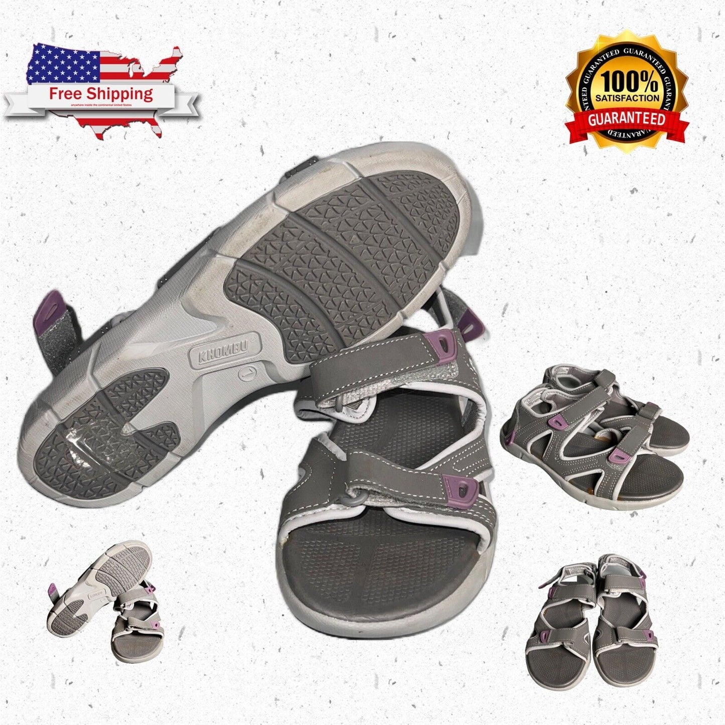 Khombu Evelyn Kids Youth Sandals 6M Triple Hook & Loop Closure Gray Flat Shoe