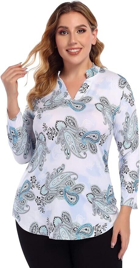 AMZ PLUS Women's Plus Size Shirt V-Neck Casual Tops(Two Size Smaller than US-XL)