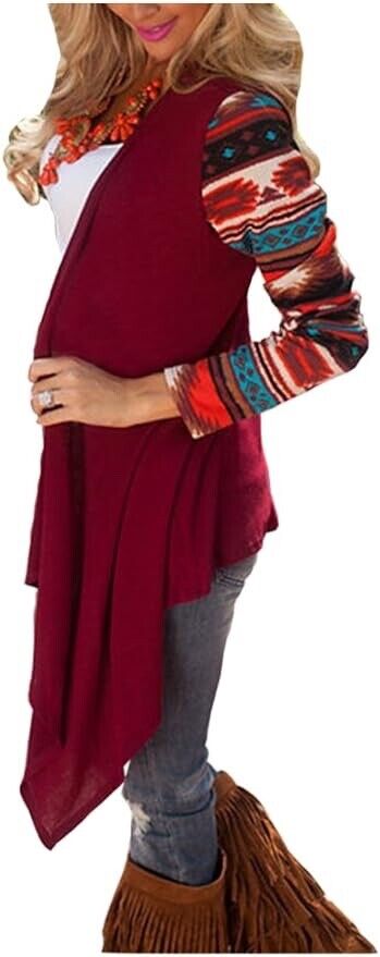 AuntTaylor Womens High Low Long Sleeve Boho Open Blouses Cardigans ( Red - XL )