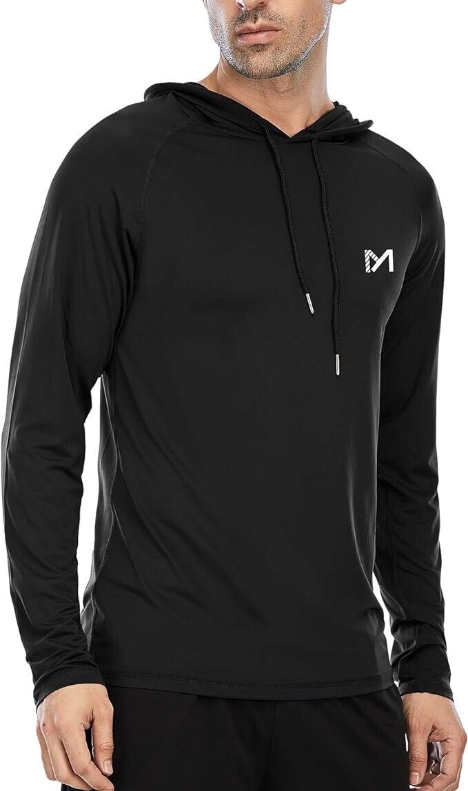 Men's Long Sleeve Athletic Hooded Shirts Workout Running Hoodie Shirts (Black-L)
