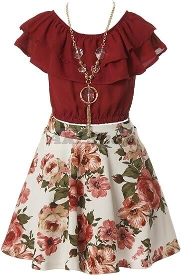 Cold Shoulder Crop Top Flower Skirt Sets for Little Girl (Burgundy White-6 )